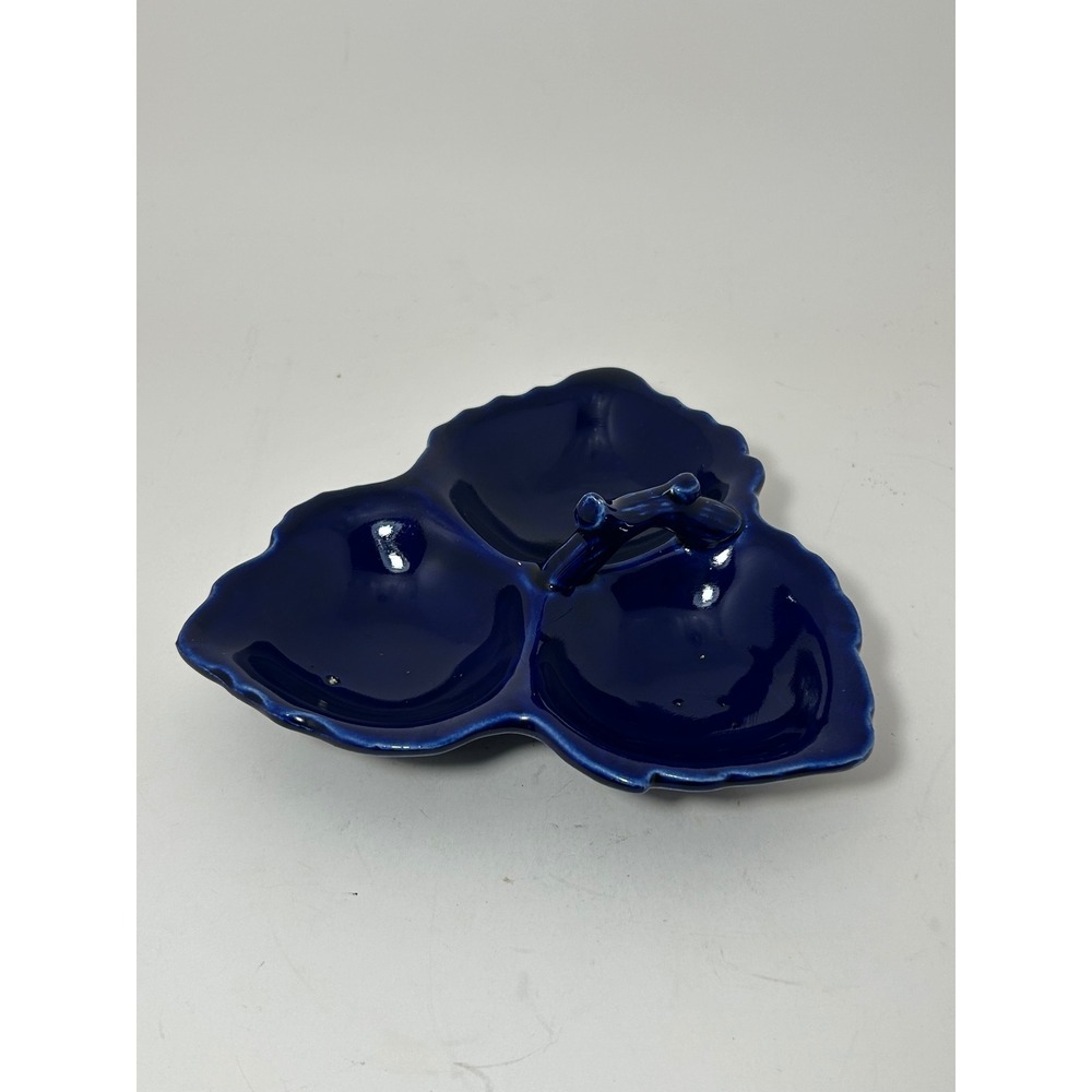 Cobalt Blue Ceramic Triple Leaf Divided Serving Dish with Twig Handle